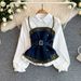 Women's Denim Leopard Print Slimming Shirt Dress Lace Up Design Suspender Top Elegant Fashion Unique Edgy Chic Sophisticated Clothing_ecoleips.com