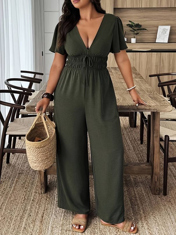 Plus-size Elegant Jumpsuit For Women, Solid Color V-neck Jumpsuit, Short-sleeved Casual Women's Wear For Summer, Suitable For Daily Commuting._ecoleips.com