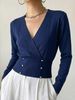 Women Lightweight Breathable Wrap V Neck Knit Top Long Sleeve Gold Button Slim Cropped Knit Blouse_ecoleips.com