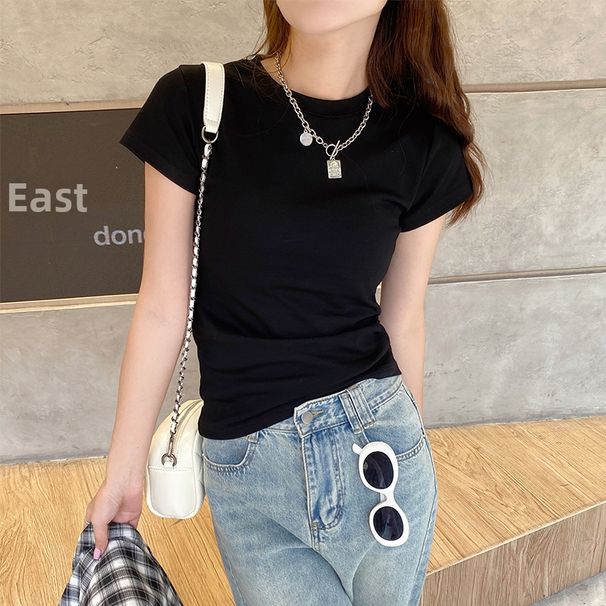 Women's Clothing Women's Slim Fit High Waisted T-Shirt Casual Round Neck Short Sleeve Elastic Tight Fitting Solid Color Base Layer Summer Top_ecoleips.com