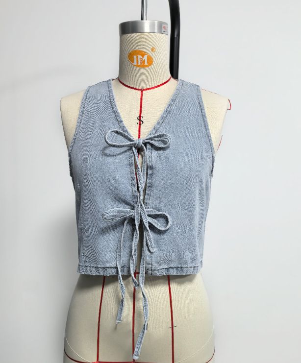 K New Sleeveless Lace Up Vest, Lace Up Wide Leg Jeans, Fashionable Denim Suit For Women_ecoleips.com