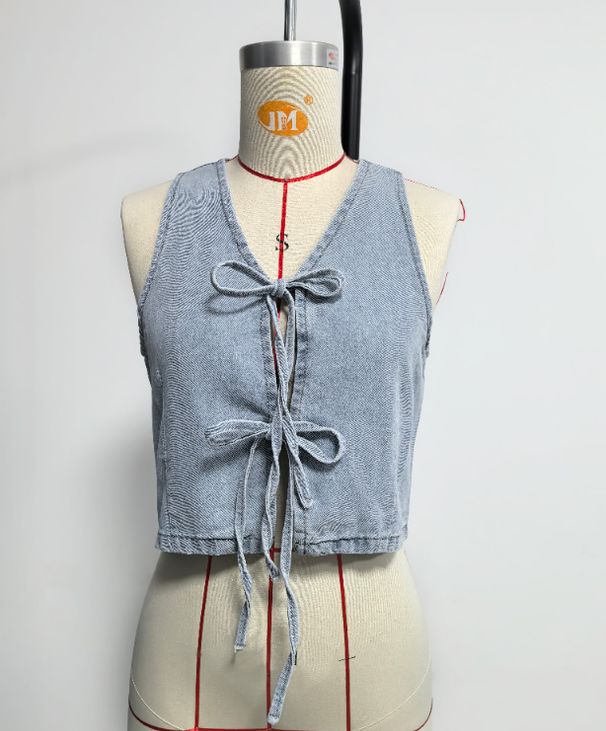 K New Sleeveless Lace Up Vest, Lace Up Wide Leg Jeans, Fashionable Denim Suit For Women_ecoleips.com