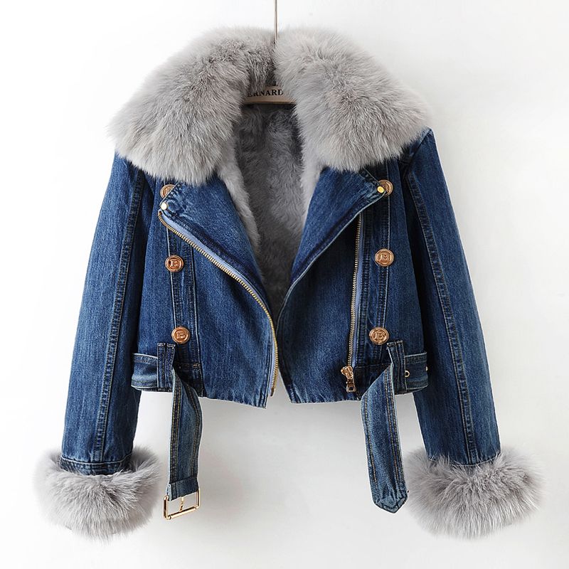Women's Clothing Autumn And Winter New Fox Fur Collar Rabbit Fur Lining Fashionable Small Denim Jacket Women's Short Top Jacket_ecoleips.com