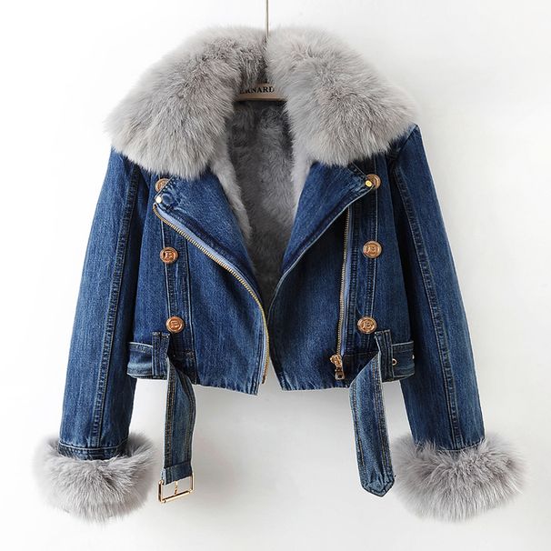 Women's Clothing Autumn And Winter New Fox Fur Collar Rabbit Fur Lining Fashionable Small Denim Jacket Women's Short Top Jacket_ecoleips.com