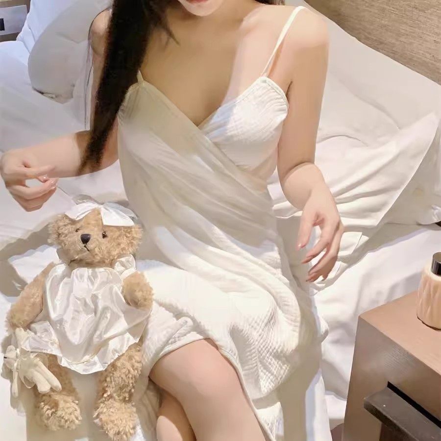Cotton Gauze Wearable Bath Towel New Suspender Backless Pajamas One-piece Nightgown Sexy Nightgown Bath Towel_ecoleips.com