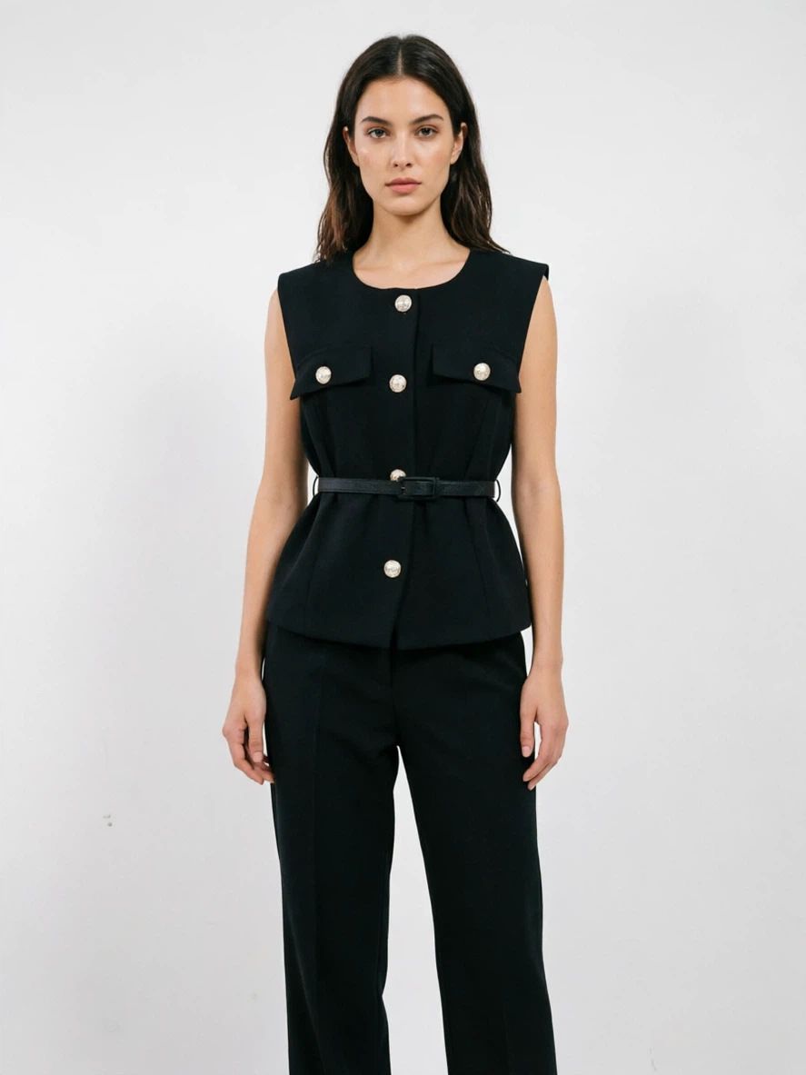 Elegant Belted Sleeveless Casual Coat Vest Women's Clothing Stylish New Outerwear_ecoleips.com
