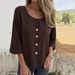 Women's Clothing Elegant Linen Blend Shirt Long Sleeve Round Neck Top Work Casual Breathable Cotton Linen Fabric Relaxed Fit With Patchwork Detail_ecoleips.com