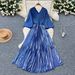 Women's Clothing Pleated Dress Female Summer High End Light Luxury V Neck Bat Sleeve Waist Metallic Pleated Long Skirt_ecoleips.com