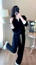 Women's Casual V-Neck Long Sleeve Wide Leg Pants Set - Soft Cotton Lounge & Streetwear Outfit For Spring/Autumn (Black)_ecoleips.com