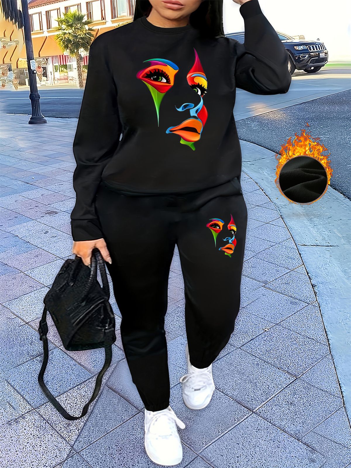 Female Autumn And Winter Hip-hop Casual Street Face Portrait Pattern Printed Round Neck Sweatshirt+sports Pants Warm Suit-613_ecoleips.com