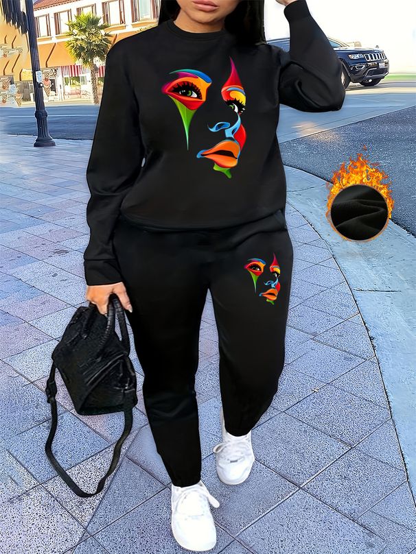 Female Autumn And Winter Hip-hop Casual Street Face Portrait Pattern Printed Round Neck Sweatshirt+sports Pants Warm Suit-613_ecoleips.com