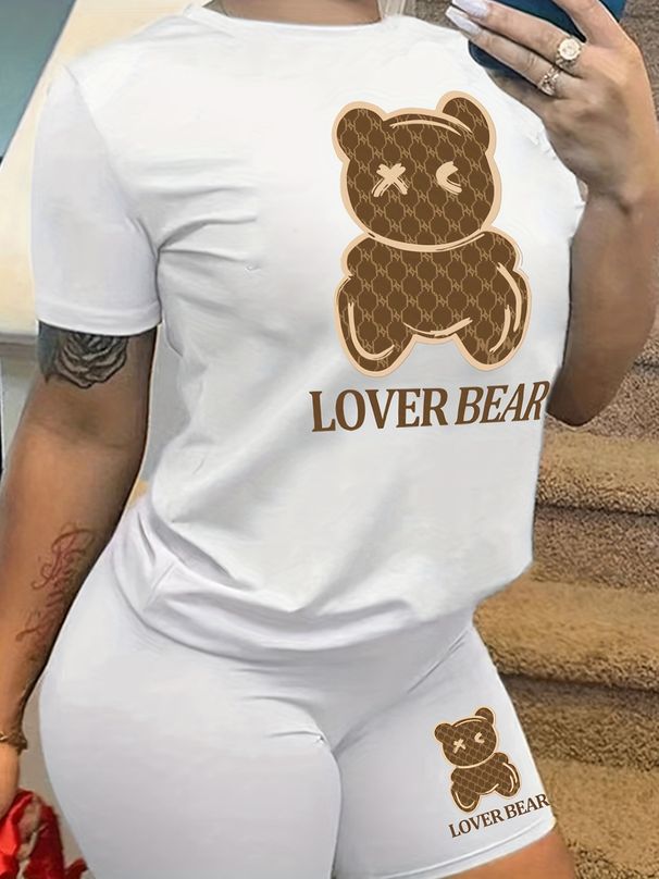 Summer Women's Casual And Fashionable Cartoon Bear Print Loose T-shirt+shorts Two-piece Sportswear Suitable For Daily Wear-76_ecoleips.com