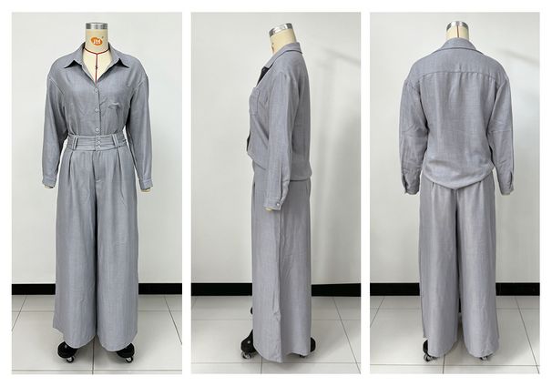2027 Fashion European-USA Style Women Lapel Long Sleeve Shirt + High Waist Pants Two-Piece Casual Sets_ecoleips.com