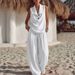 Women's Elegant Two-Piece Set Sleeveless Collared Top And Loose Trousers_ecoleips.com