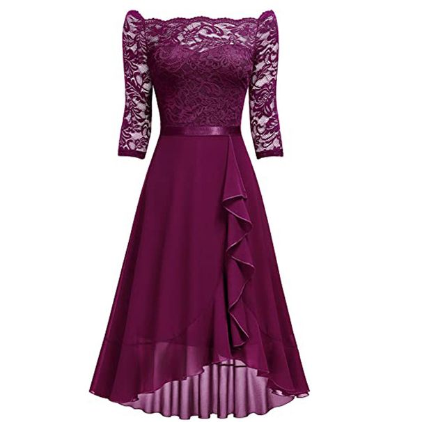 Women's new mid-length skirt one-shoulder mid-sleeve sexy lace chiffon dress_ecoleips.com