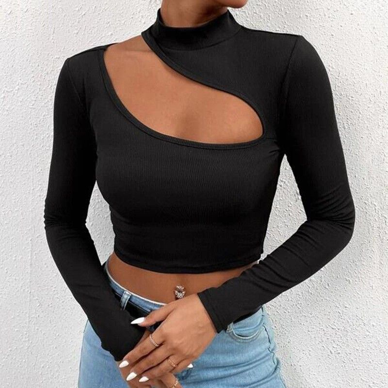 Women's Trendy Hollowed Out High Neck Long Sleeve T-Shirt Fashion Spring Summer Short Design Top_ecoleips.com