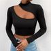 Women's Trendy Hollowed Out High Neck Long Sleeve T-Shirt Fashion Spring Summer Short Design Top_ecoleips.com