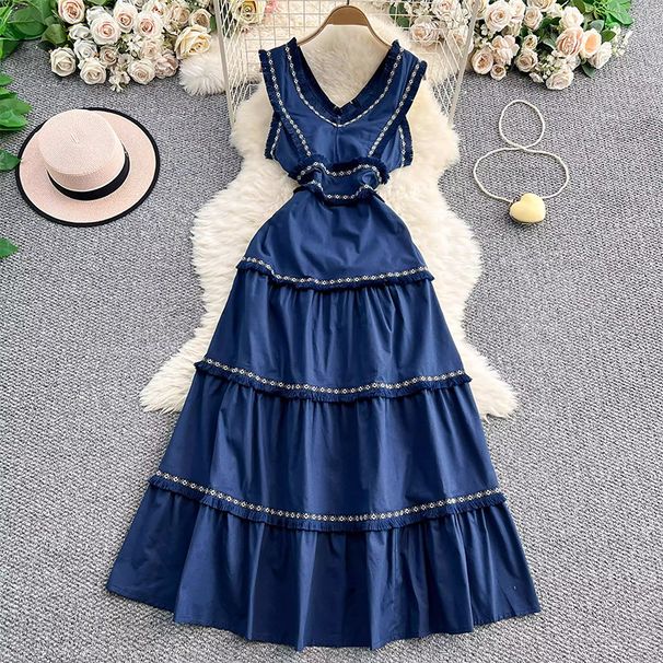 Women's Clothing Retro Temperament Design Braided Tassel V Neck Sleeveless Dress For Women In Summer High End Waist Slimming Cake Skirt_ecoleips.com