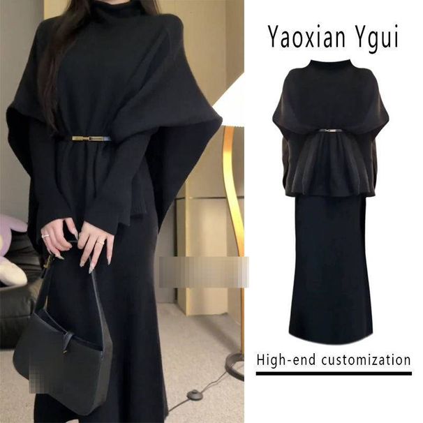 Women's Chunky Knit Cape & Long Sleeve Dress Set – High Neck Asymmetrical Layering Outfit (S-XL, Chenille Fabric)_ecoleips.com