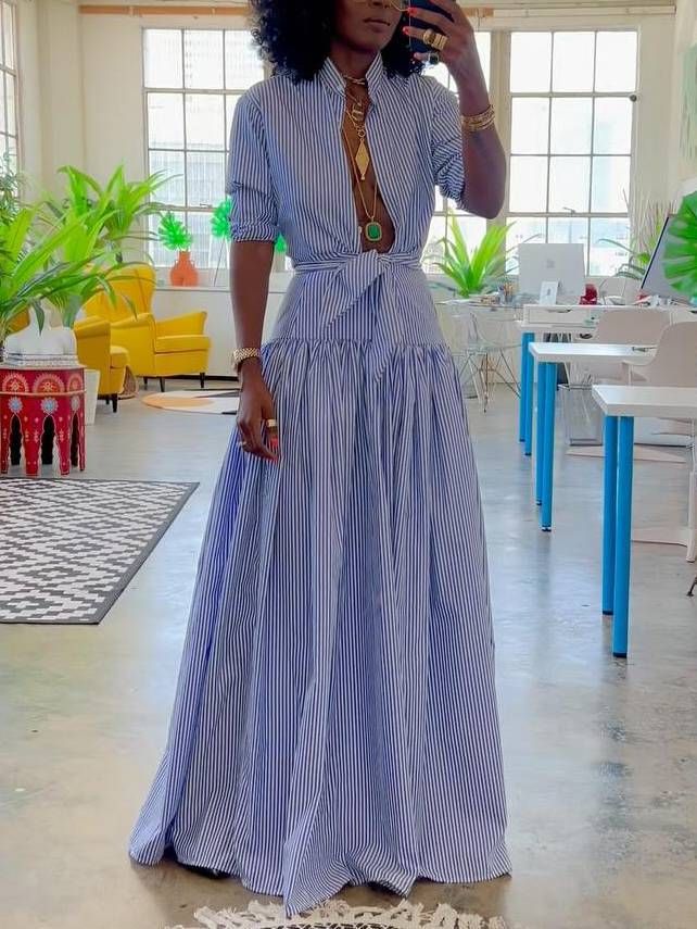 Striped Two-Piece Set – Tie-Front Blouse & Flowy Skirt (Blue, S-XXXL) | Casual Elegance For Women_ecoleips.com