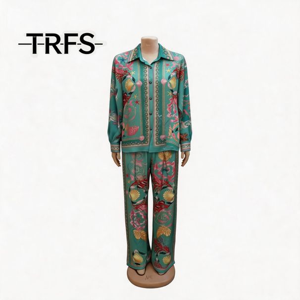 plus Size Women's Clothing Ethnic Style Long Sleeved Shirt And Straight Leg Pants Set Drawstring Loose Fit Summer New Style_ecoleips.com