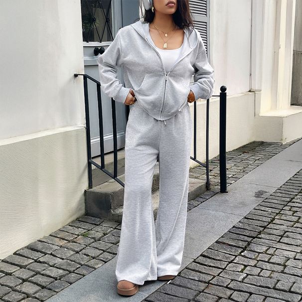 Women's Long Sleeve Hoodie & Jogger Pants Set - Fall Winter Athleisure Outfit (White Gray, S-XL) | Breathable Polyester Spandex Blend_ecoleips.com