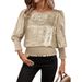 Women's Round Neck Short Sleeve Pullover T-Shirt Gold Foil Hem_ecoleips.com