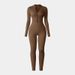 Women’s Clothing Threaded Half Zip Jumpsuit With Thumb Hole Long Sleeve Jumpsuit Hip Lifting Body Shaping Pants Small Stand Up Collar Jumpsuit_ecoleips.com
