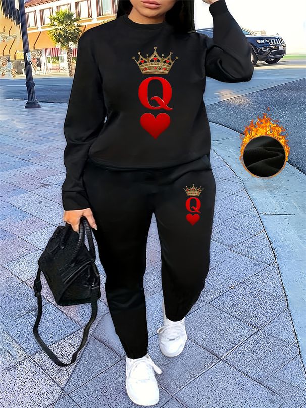 Women's Autumn And Winter Hip-hop Casual Street Poker Q-crown Pattern Printed Round Neck Sports Shirt+sports Pants Set-543_ecoleips.com