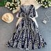 Women's French Style Crossover V Neck Dress Slimming Geometric Print Long Dress With Elastic Waist For Summer_ecoleips.com