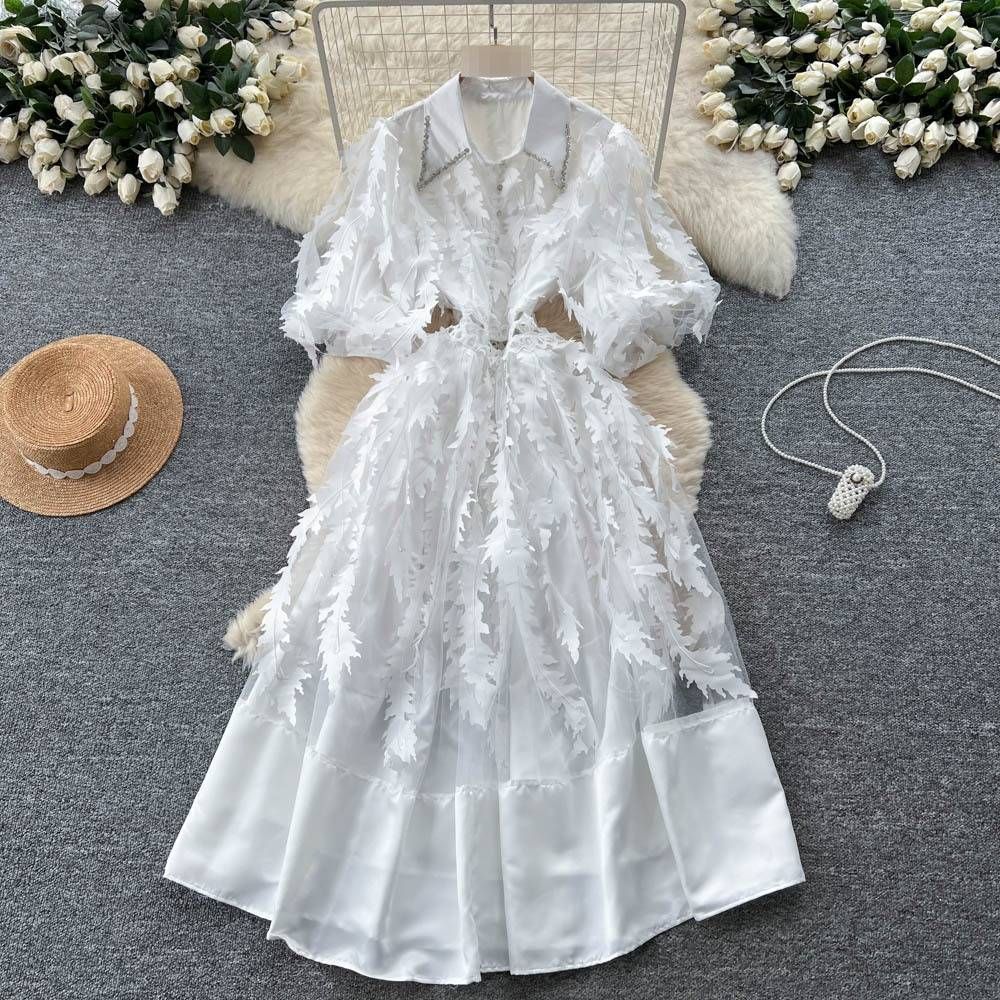 Women's Clothing French Retro Court Style Dress Beaded Lapel Lantern Sleeves Three Dimensional Floral Mesh Long Autumn_ecoleips.com