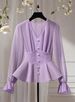 Curvy Women Solid Sheer Chiffon Blouse, V Neck Pearl Buttons Puff Long Sleeve Shirt With Ruffle Cuffs For Daily Outing_ecoleips.com