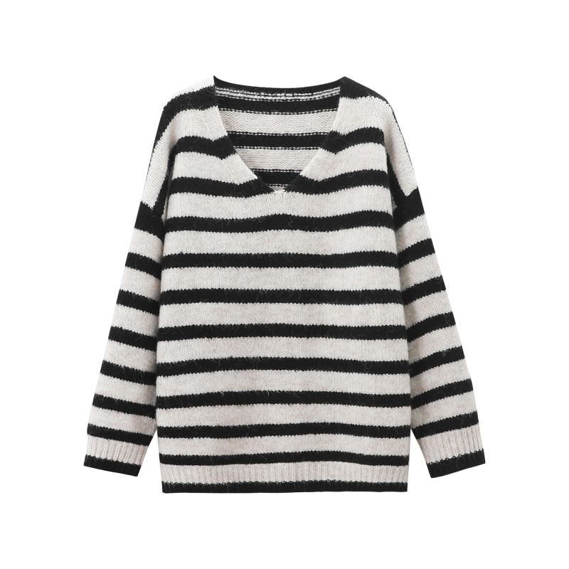Lazy Style Korean Contrast Striped V-Neck Sweater Women's Autumn And Winter Small Long Sleeves Loose Special Yarn Knitwe_ecoleips.com