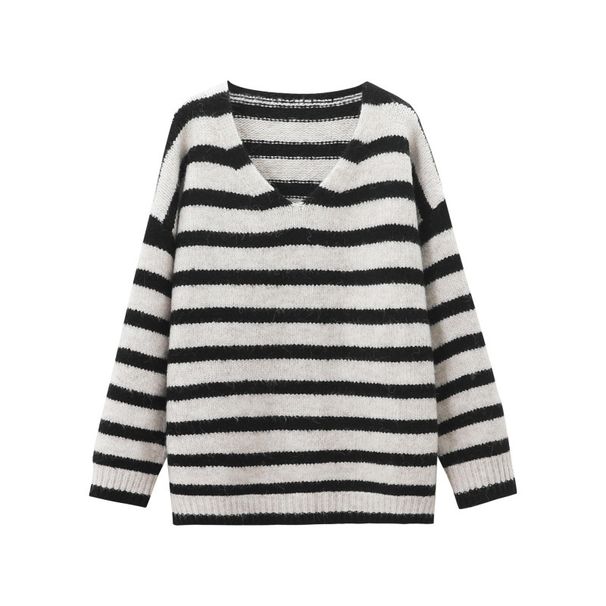 Lazy Style Korean Contrast Striped V-Neck Sweater Women's Autumn And Winter Small Long Sleeves Loose Special Yarn Knitwe_ecoleips.com
