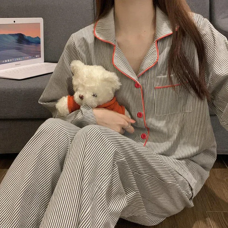 Pajamas Women Long Sleeve Trousers Summer Grey Cardigan Striped Sleepwear Loungewear Two Piece Set Ladies Nightwear Homewear_ecoleips.com