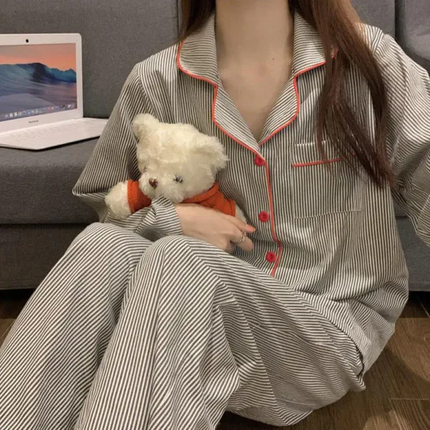 Pajamas Women Long Sleeve Trousers Summer Grey Cardigan Striped Sleepwear Loungewear Two Piece Set Ladies Nightwear Homewear_ecoleips.com
