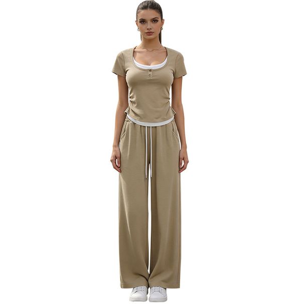 Women's Stylish Casual Two Piece Suit Slimming Faux Two Piece Set Top And Wide Leg Pants Summer New Style Sporty_ecoleips.com