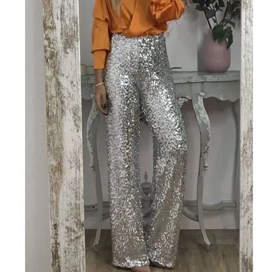 Women's Slim Fit Sequined Flared Pants Multi Color Elastic Waist Casual Summer Party Gown Bottoms INS Style Spring_ecoleips.com