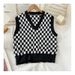Women's Clothing Women's Checkered Knit Vest Layered Loose Fit Crewneck Spring Top_ecoleips.com