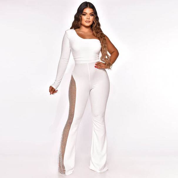 Voya Women's Spring/Summer New Style European And American Women's Clothing Fashion Mesh Patchwork With Rhinestones Jumpsuit Pants_ecoleips.com