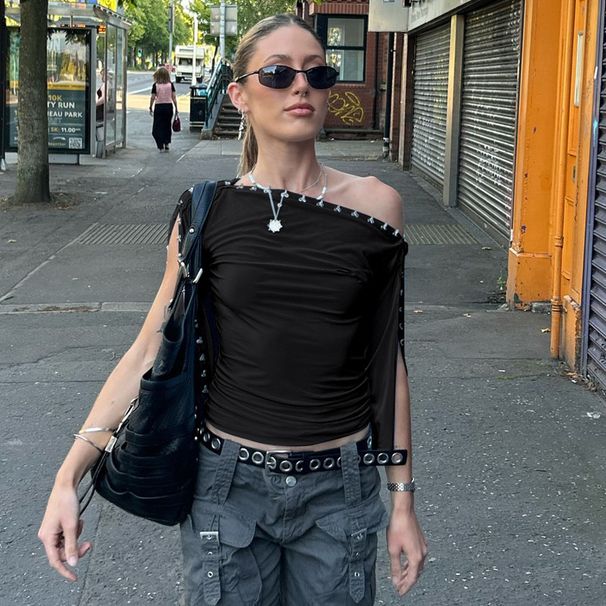 European And American Ins Style Fashion New Top Solid Color Irregular Diagonal Collar Hook Button Design Street Style Waist Versatile T-shirt_ecoleips.com