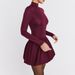 Women Elegant Slim‑Fit A‑Line Dress, High Neck Long Sleeve Design, Waist Cinching & Ruched Detail, Feminine Flared Skirt_ecoleips.com