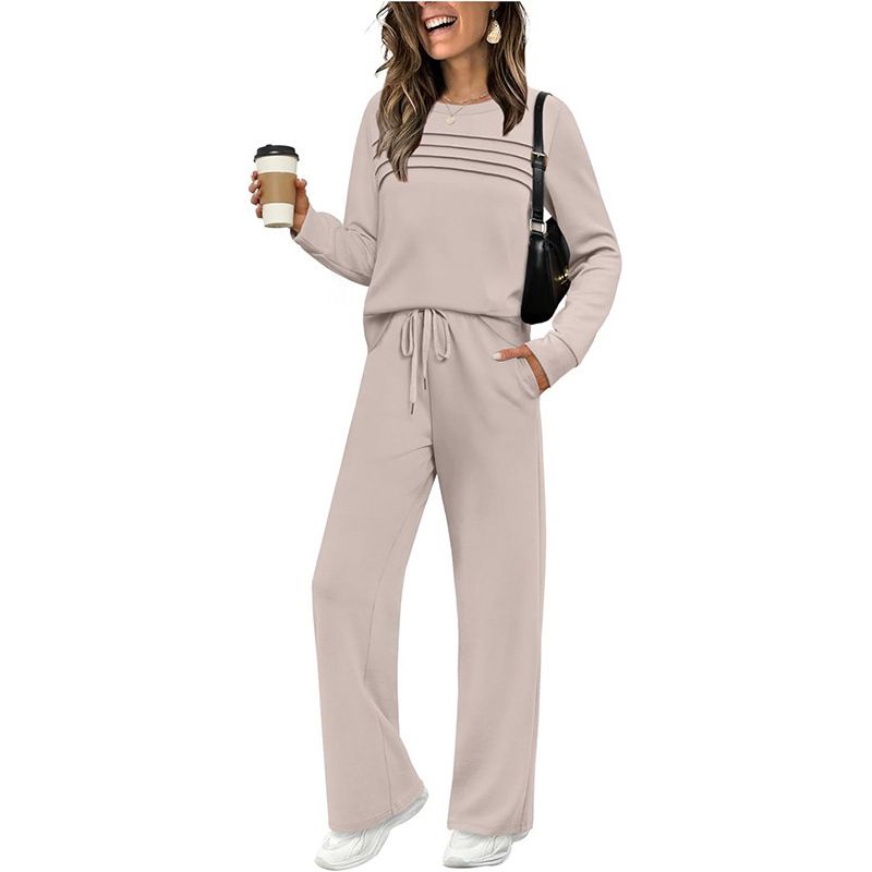 Autumn And Winter Women's Suit Long Sleeve Round Neck Top Casual Elastic Waist Wide Leg Pants Trousers_ecoleips.com