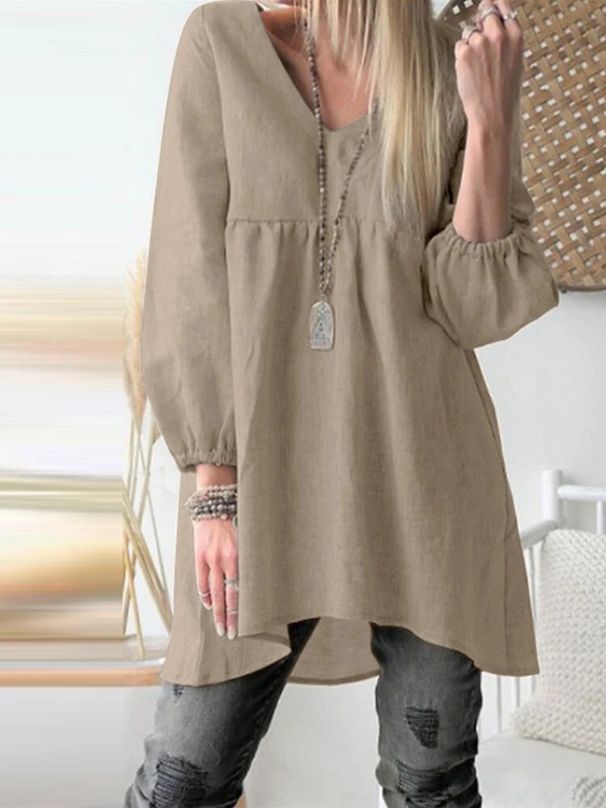 Women's Solid Color V Neck Ruched Lantern Sleeve Top Casual Cotton Linen Shirt American Style_ecoleips.com