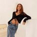 Women's Drawstring V Neck Long Sleeved Knit Top Sexy Retro Versatile Short Base Layer Summer 2025_ecoleips.com