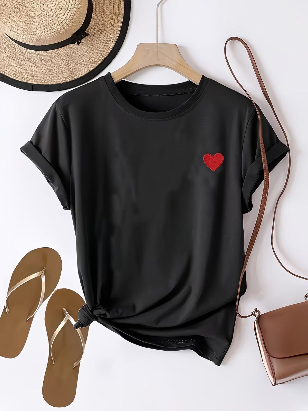 Women's Clothing Summer New Arrival Women's T-Shirt Heart Print Loose Fit Round Neck Short Sleeve Stylish Versatile Top A77 Print_ecoleips.com