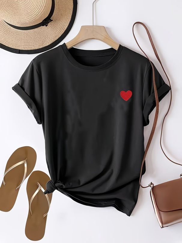 Women's Clothing Summer New Arrival Women's T-Shirt Heart Print Loose Fit Round Neck Short Sleeve Stylish Versatile Top A77 Print_ecoleips.com