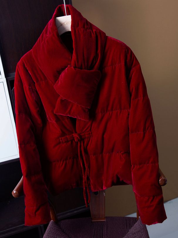 girl Girl Velvet With Scarf Standard 90 Down Chinese Short Coat For Women V-neck Button National Style Cotton Jacket Winter_ecoleips.com