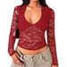 Women's Long Sleeved Lace V Neck Mesh Cropped Shirt Sexy Cute Y2K Autumn Fashion Top For Women_ecoleips.com