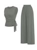 Women's Solid Color round Neck Vest And High Waisted Straight Leg Pants Two Piece Set Waist Tie Design Casual Style_ecoleips.com